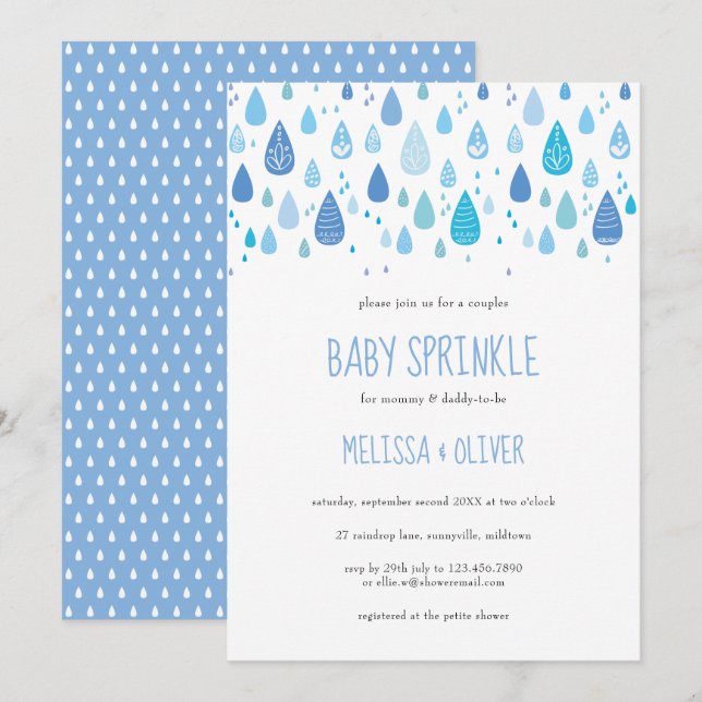 Invitación Gotitas de lluvia azul bebé parejas baby sprinkle (Anverso / Reverso)