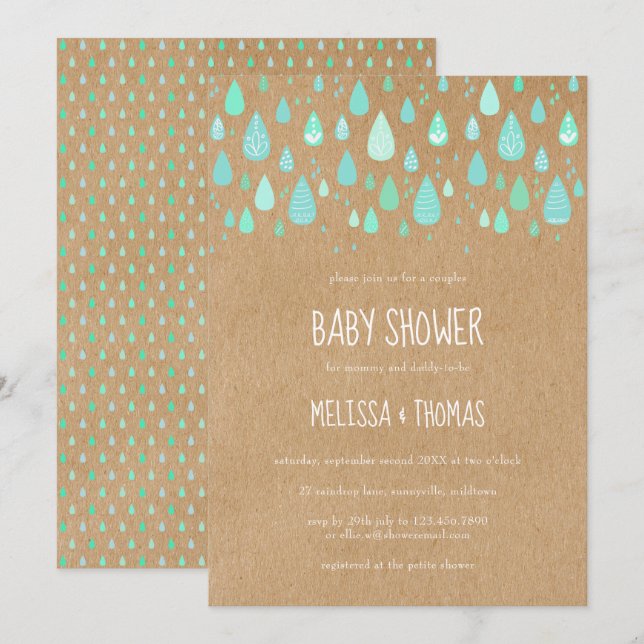 Invitación Gotitas de lluvia Lindas para Baby Shower / Sprink (Anverso / Reverso)