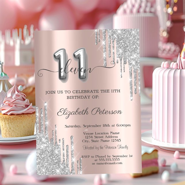 Invitación Gotitas de Plata Fría Rosa Dorada 11 Cumpleaños (Subido por el creador)