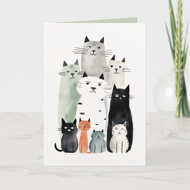 Invitación Gouache Ilustracion de acuarela de gatos y amigos (Anverso)