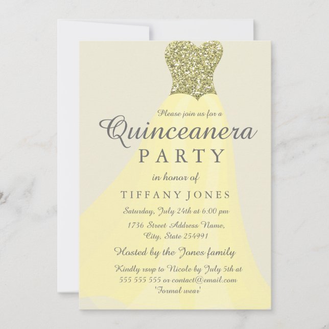 Invitación Gown Quinceanera, Purpurina de la espuma de oro am (Anverso)