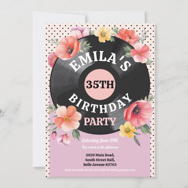 Invitación Grabación musical Cumpleaños Floral 1950 Mujeres (Anverso)