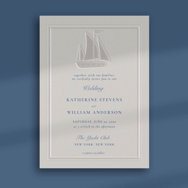 Invitación Grabado en relieve   Boda clásico moderno (nautical beach boat yacht coastal ocean wedding invitation faux embossed pearl frame classic)