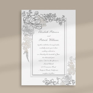 Invitación Grabado en relieve de Faux Peony Ivory Calligraphy