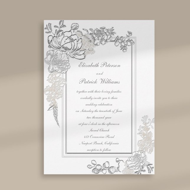 Invitación Grabado en relieve de Faux Peony Ivory Calligraphy (peony wedding invitation floral double frame formal traditional elegant calligraphy ivory classic)