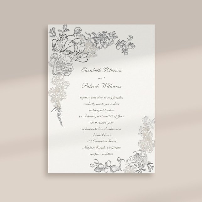 Invitación Grabado en relieve de Faux Peony Moda Frame Callig (formal traditional elegant calligraphy wedding invitation faux embossed peony pearl classic)