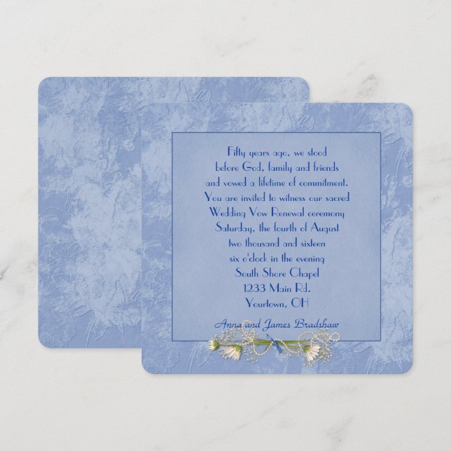 Invitación Grabado en relieve de Floral Azul Boda Vow Renovac (Anverso / Reverso)
