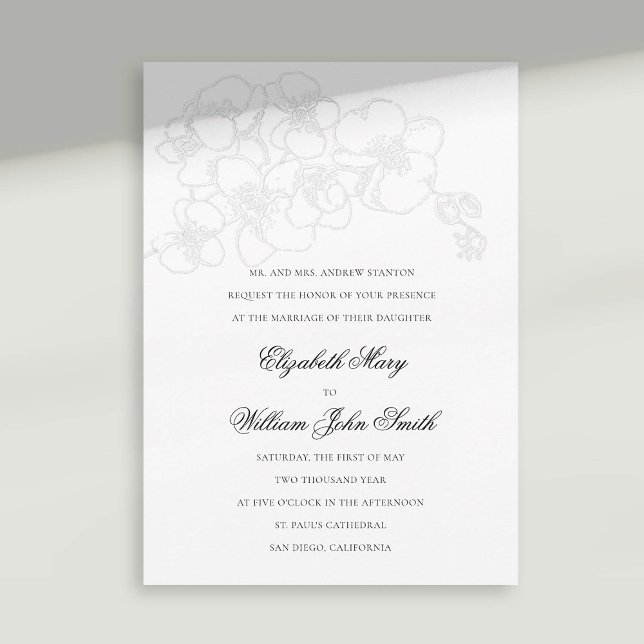 Invitación Grabado en relieve de la Faux Orchid Boda formal e (orchid wedding invitation faux embossed white black formal traditional elegant modern classic)
