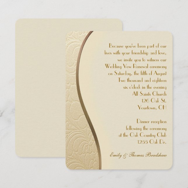 Invitación Grabado en relieve de oro Boda Vow Renovación (Anverso / Reverso)