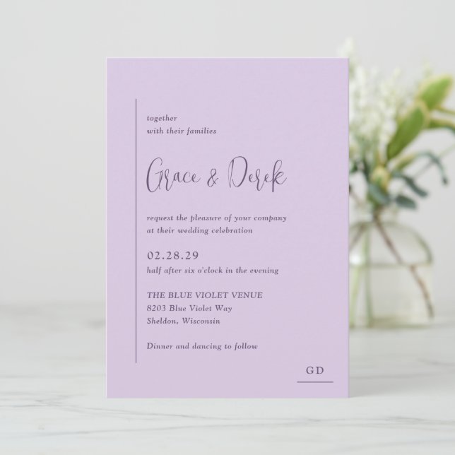 Invitación Grace Lilac Modern Boda (Anverso de pie)