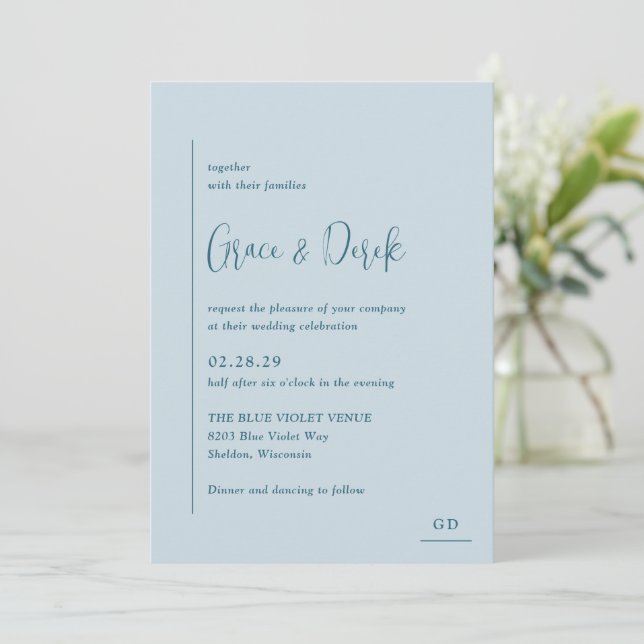 Invitación Grace Muted Blue Modern Boda (Anverso de pie)