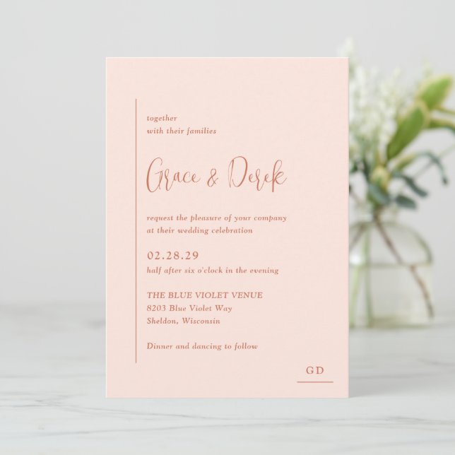 Invitación Grace Peach Modern Boda (Anverso de pie)