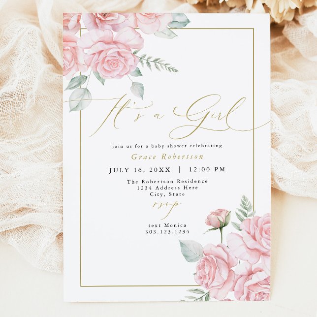 Invitación GRACE Rubor Floral Gold Es un Baby Shower Chica (Subido por el creador)
