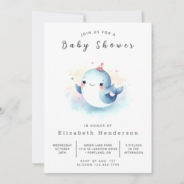 Invitación Graceable Baby Shower de ballena imprimible (Anverso)