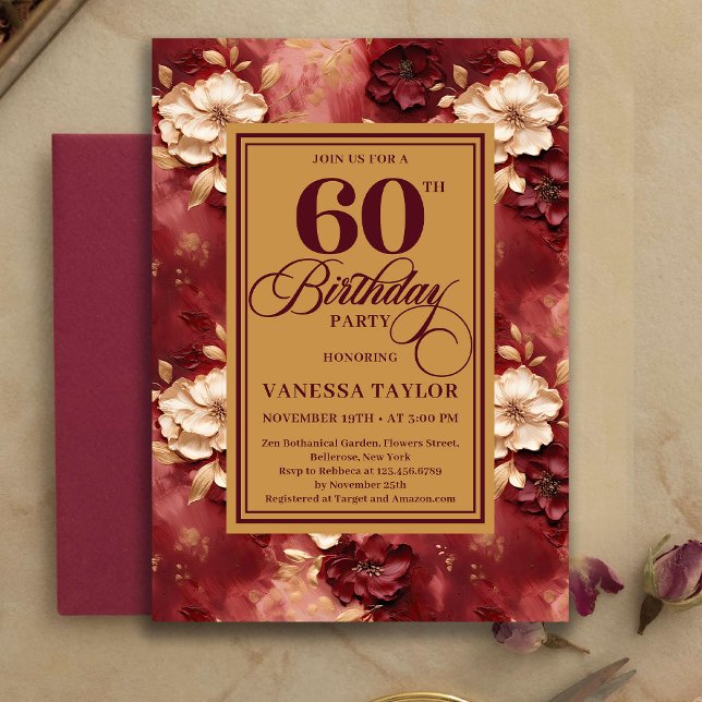 Invitación Graceful 60 Birthday Merlot Blush Gold Invitation (Graceful 60th Birthday Merlot Blush Gold Invitation)