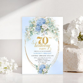 Invitación Graceful 70th Birthday Blue Hydrangea Gold Invite