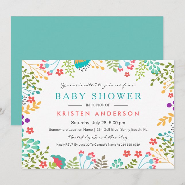 Invitación Graceful Blue Floral Cute Baby Shower (Anverso / Reverso)