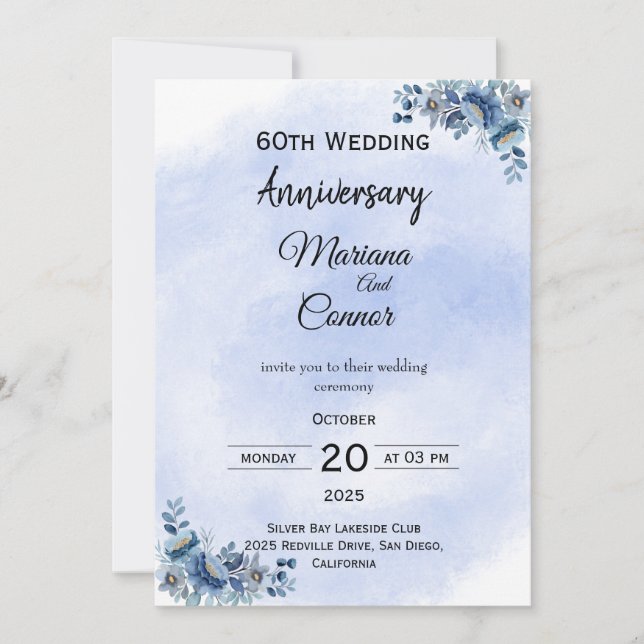 Invitación Graceful Blue Floral Wedding Anniversary Invitatio (Anverso)