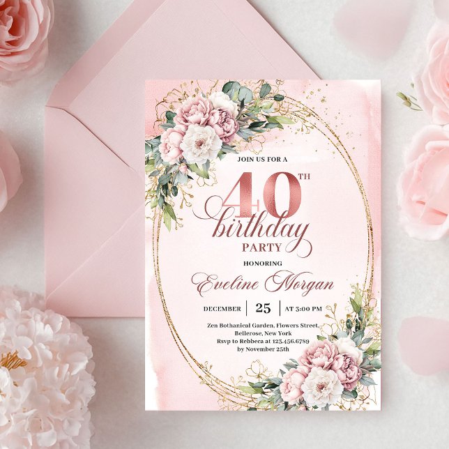 Invitación Graceful Bohemian Blush Floral Gold 40th Birthday (Graceful Bohemian Blush Floral 40th Birthday Invitation)