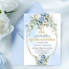 Invitación Graceful Boho Blue Peonies Eucalyptus Quinceañera