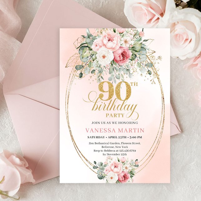 Invitación Graceful Boho Blush Floral Greenery Gold Birthday (Refined Blush Roses Gold Minimal 90th Birthday Invite)