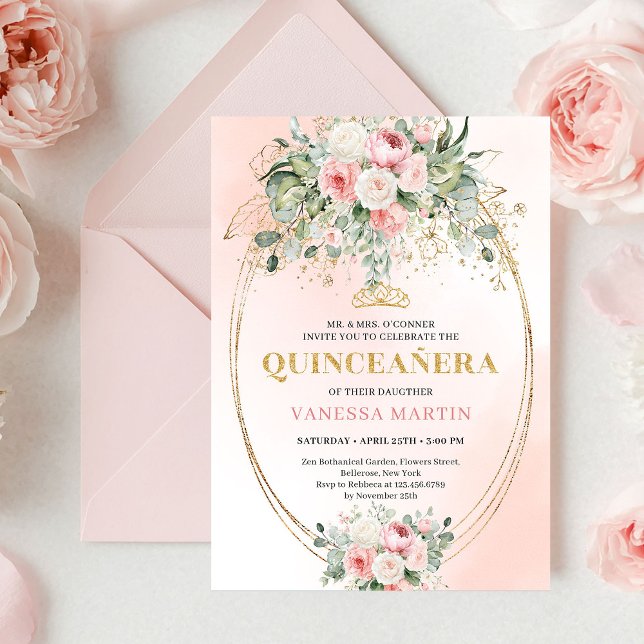 Invitación Graceful Boho Pale Pink Roses Bohemian Quinceañera (Graceful Pale Pink Roses Bohemian Quinceañera Invite)