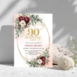 Invitación Graceful Deep Red Floral Gold 90th Birthday Invite