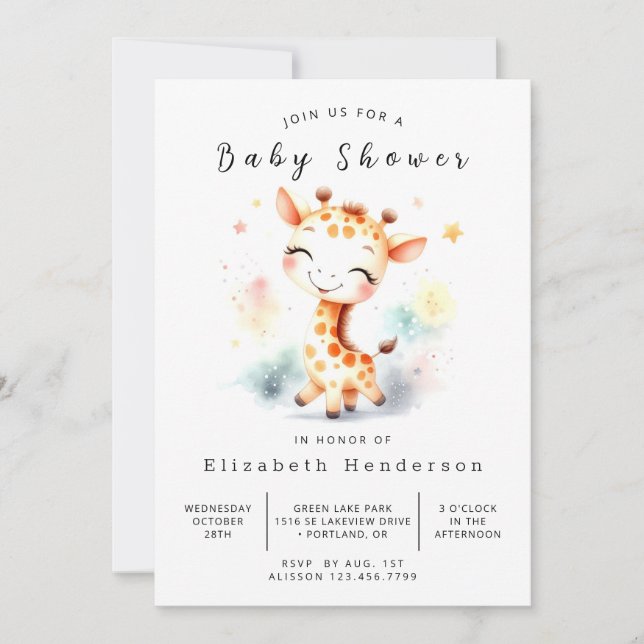 Invitación Graceful Digital Giraffe Baby Shower (Anverso)