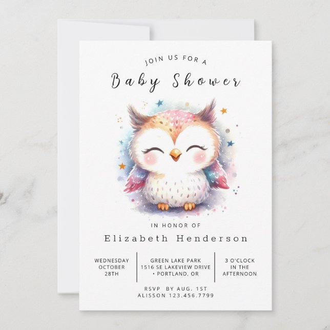 Invitación Graceful Digital Owl Baby Shower (Anverso)