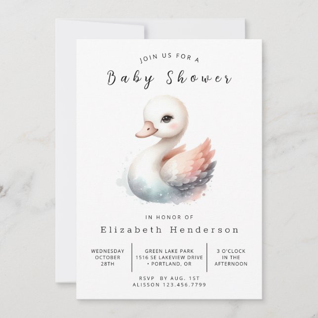 Invitación Graceful Digital Swan Baby Shower (Anverso)