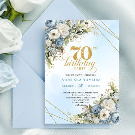 Invitación Graceful dusty blue eucalyptus gold 70th birthday