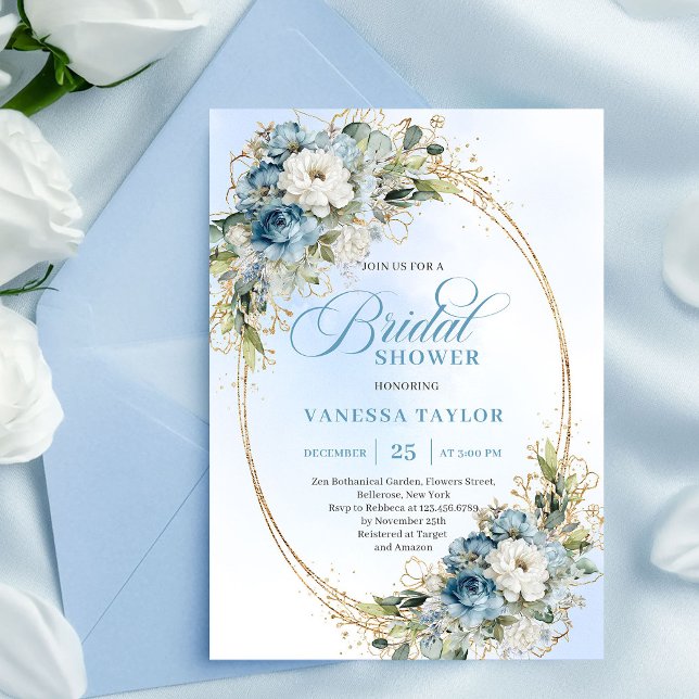 Invitación Graceful Dusty Blue Floral Eucalyptus Bridal Showe (Graceful Dusty Blue Floral Eucalyptus Bridal Shower Invite)