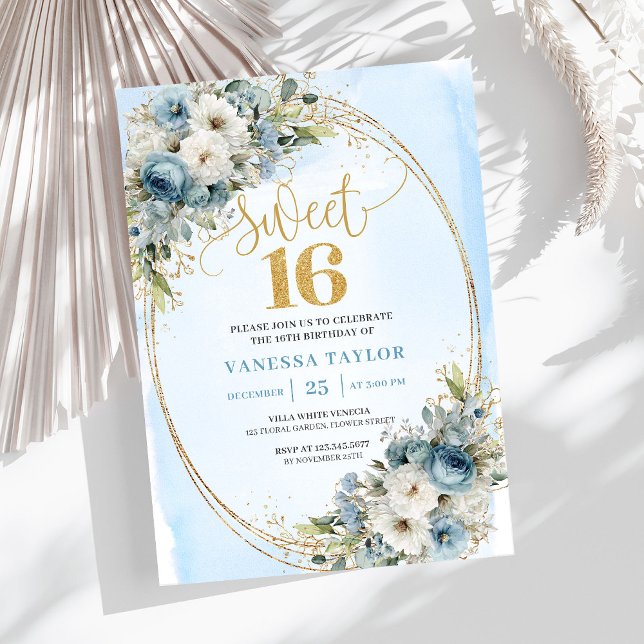 Invitación Graceful Dusty Blue Floral Sweet 16th Birthday  (Graceful Dusty Blue Floral Sweet 16th Birthday Invite)