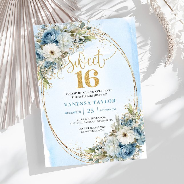 Invitación Graceful Dusty Blue Greenery Sweet Sixteen Invite  (Graceful Dusty Blue Greenery Sweet Sixteen Invite Design

)