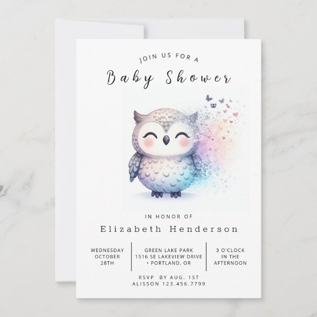 Invitación Graceful Editable Owl Baby Shower (Anverso)