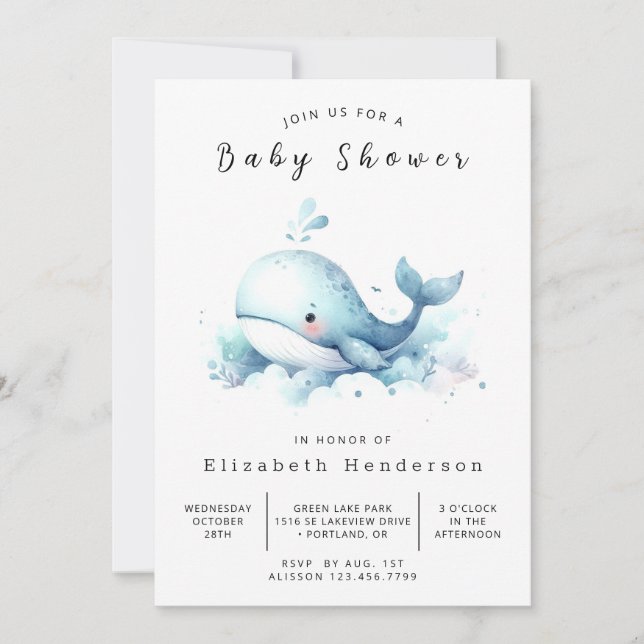 Invitación Graceful Editable Whale Baby Shower (Anverso)