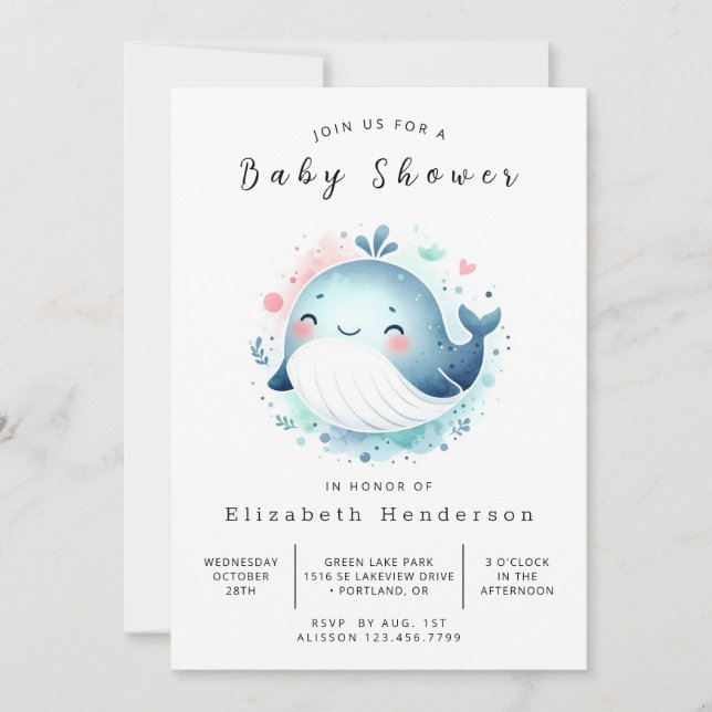 Invitación Graceful Editable Whale Baby Shower (Anverso)