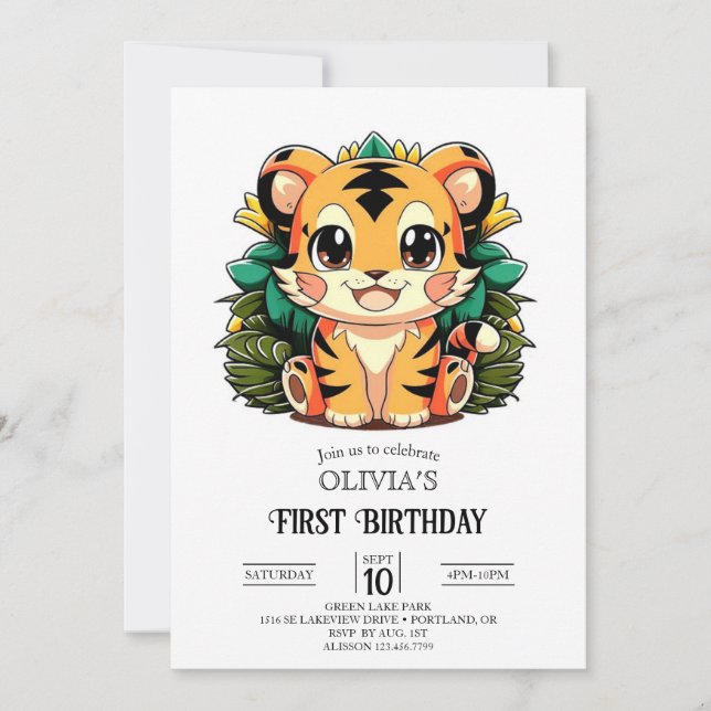 Invitación Graceful Magical Tiger 1er cumpleaños digital (Anverso)