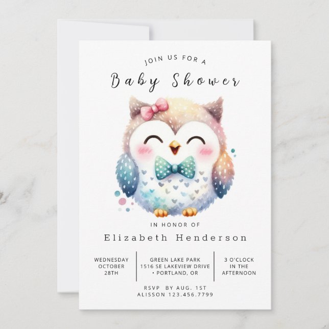 Invitación Graceful Online Owl Baby Shower (Anverso)