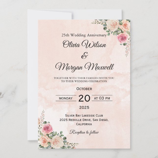 Invitación Graceful Pink Cream Floral Wedding Anniversary  (Anverso)