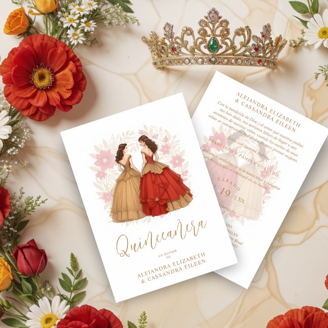 Invitación Graceful Romantic Spanish Quinceañera Twins  (Graceful Romantic Spanish Quinceañera Twins Red and Gold Invitations Cards.)