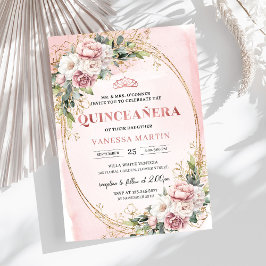 Invitación Graceful Rose Gold Floral Greenery Quinceanera