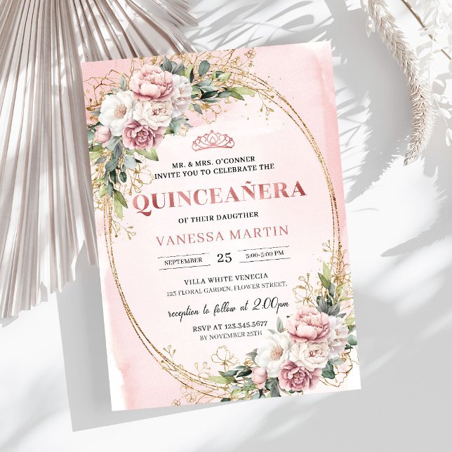 Invitación Graceful Rose Gold Floral Greenery Quinceanera  (Graceful Rose Gold Floral Greenery Quinceañera Invitation

)