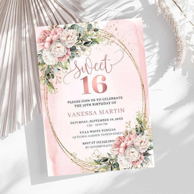Invitación Graceful Rose Gold Floral Greenery Sweet Sixteen  (Graceful Rose Gold Floral Greenery Sweet Sixteen Invitation

)