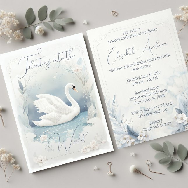 Invitación Graceful Swan Invitation (The front and back of a soft watercolor swan baby shower invitation in pale blue and gray. )