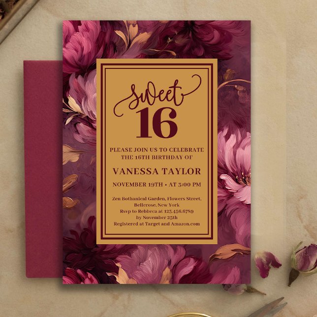 Invitación Graceful Sweet 16 Merlot Blush Gold Invitation (Graceful Sweet 16 Merlot Blush Gold Invitation)
