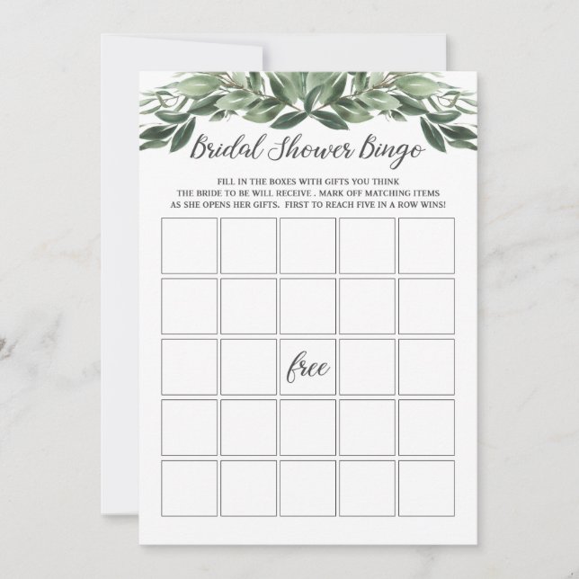Invitación Graceit Greenery Bridal Shower Bingo Card (Anverso)