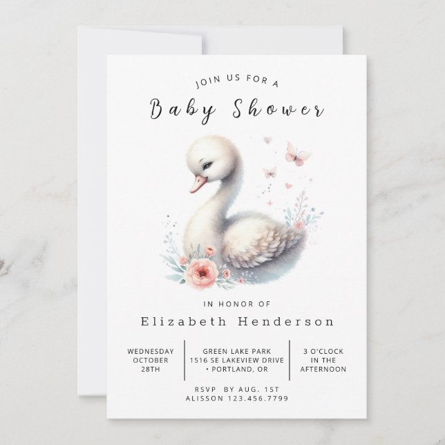 Invitación Gracetable Editable Swan Baby Shower (Anverso)