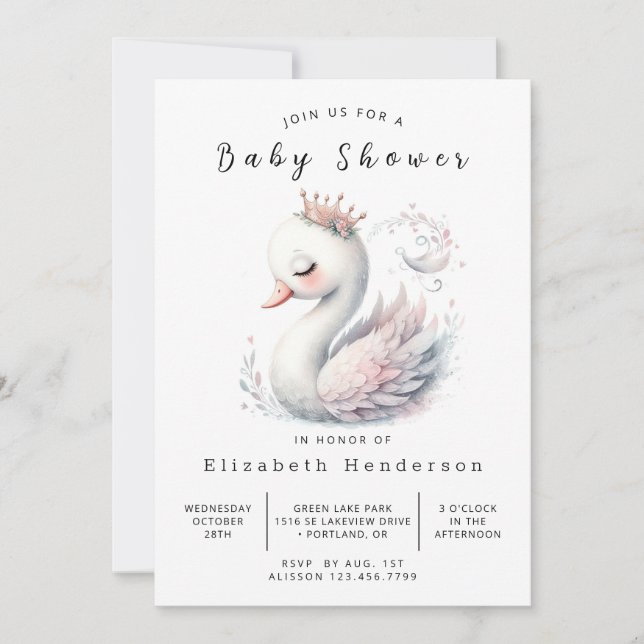 Invitación Gracetable Editable Swan Baby Shower (Anverso)