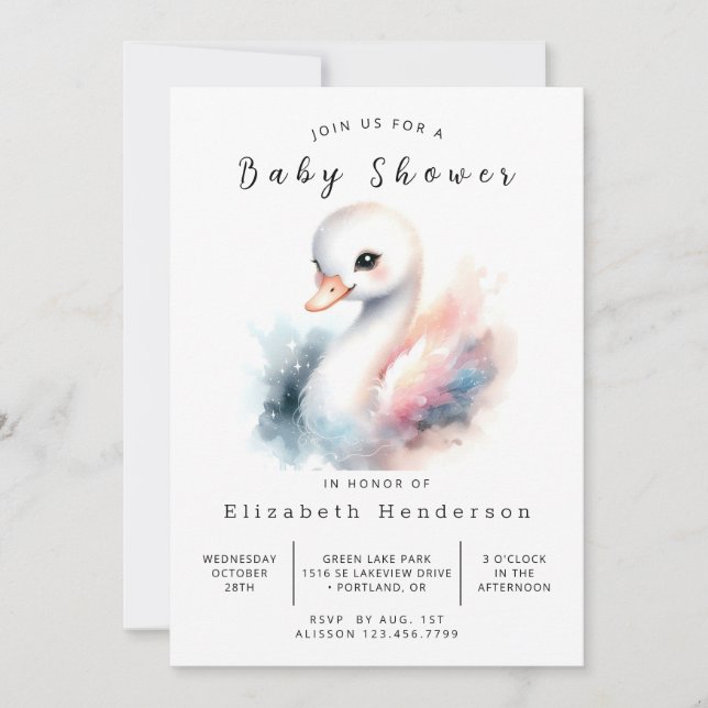 Invitación Gracetable Editable Swan Baby Shower (Anverso)